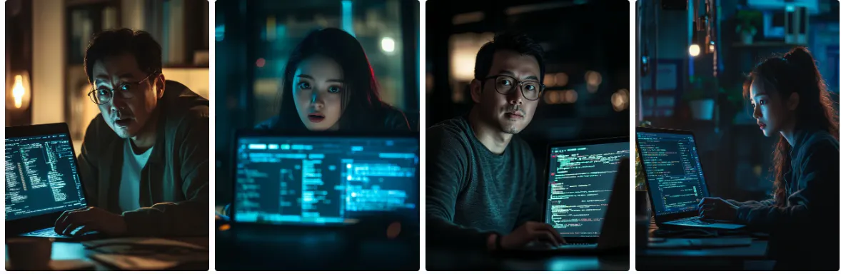 밤에 컴퓨터에서 일하는 사람들의 4 장