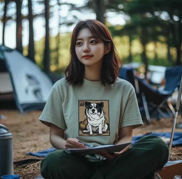 T- 셔츠와 노트북이있는 텐트에 앉아있는 소녀