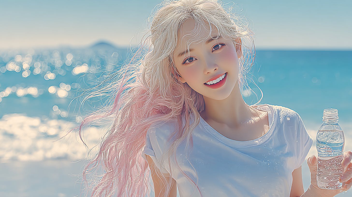 해변에 물 한 병을 들고있는 소녀