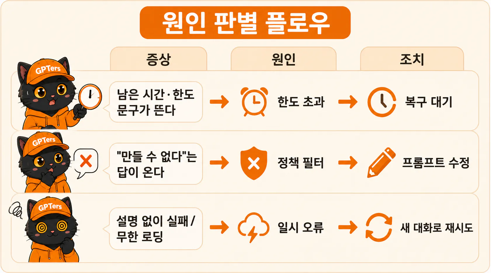 챗지피티 이미지 오류 원인 판별 플로우: 증상별로 한도 초과·정책 필터·일시 오류를 구분하고 각각의 조치를 보여주는 표