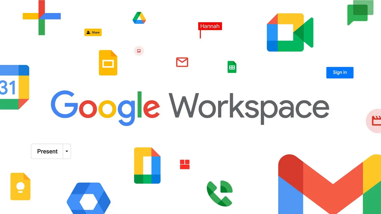 다양한 아이콘이 주변에 있는 Google Workspace 로고