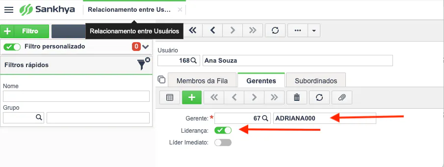 A imagem exibe a tela "Relacionamento entre Usuários" da Sankhya. Há um cadastro aberto, na aba "Gerentes" existem duas setas com destaque à flag "Liderança", que está ativada e a outra seta para o campo "Gerente", que possui um cadastro do usuário líder selecionado.