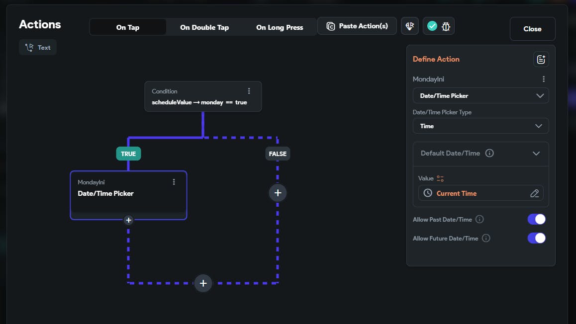 Actions panel opened. Date/Time Picker action is selected, and the default value is set as the global property Current Time.