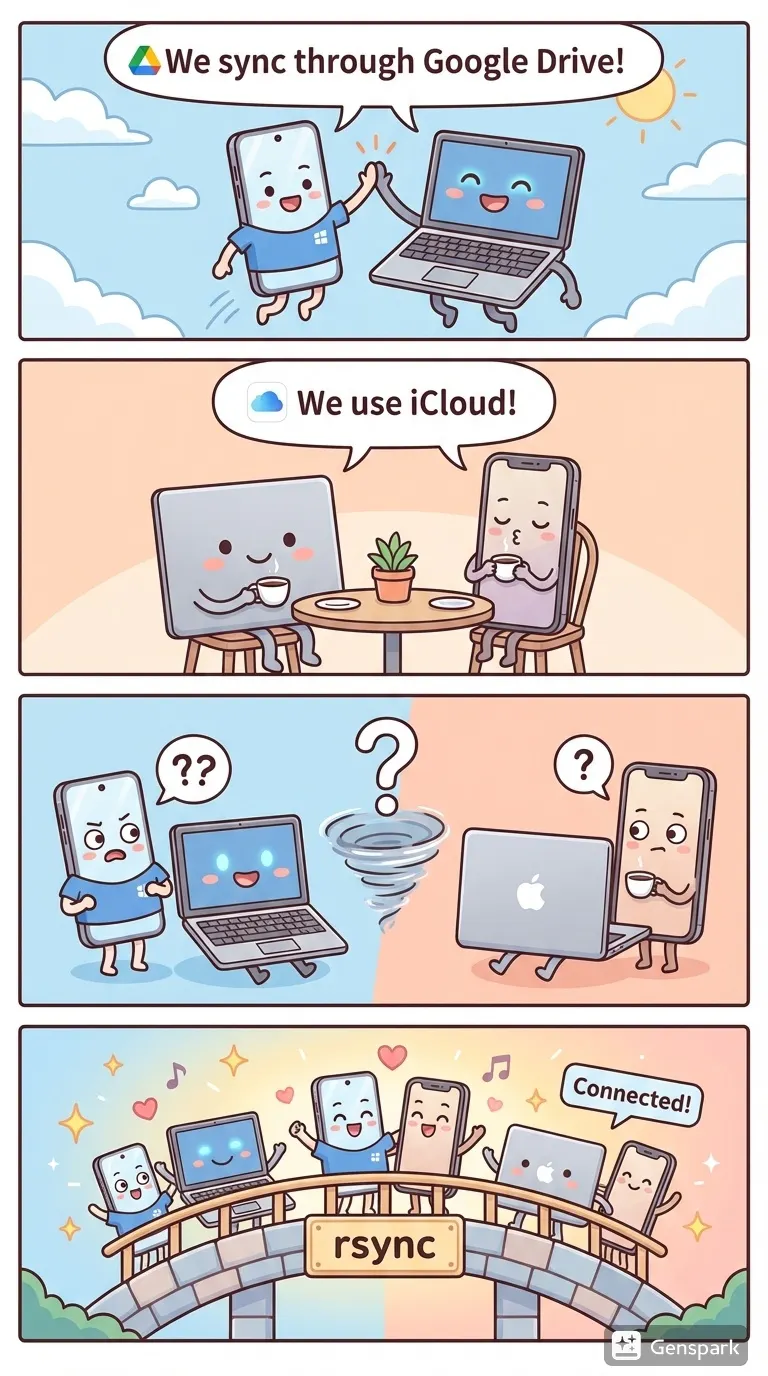 우리는 Google 드라이브를 통해 동기화하고 icloud를 사용합니다