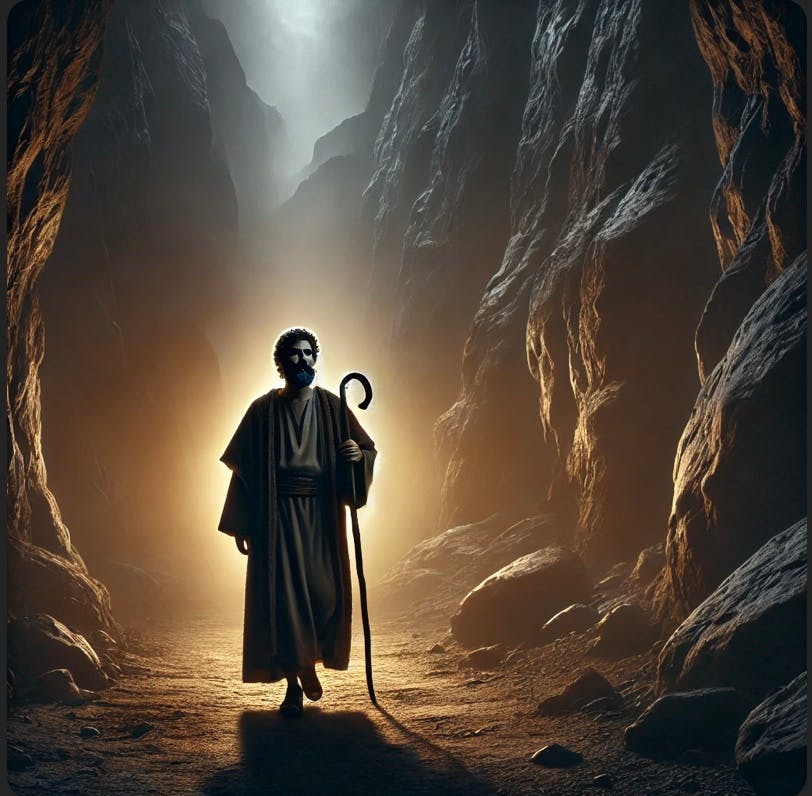 한 남자가 지팡이를 짚고 동굴 속을 걷고 있다