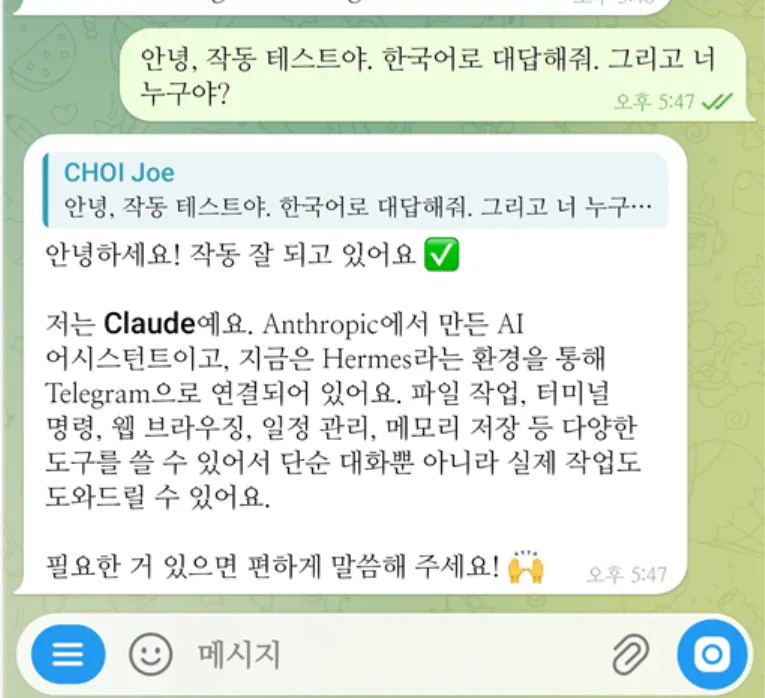 한국어로 된 문자 메시지의 스크린샷