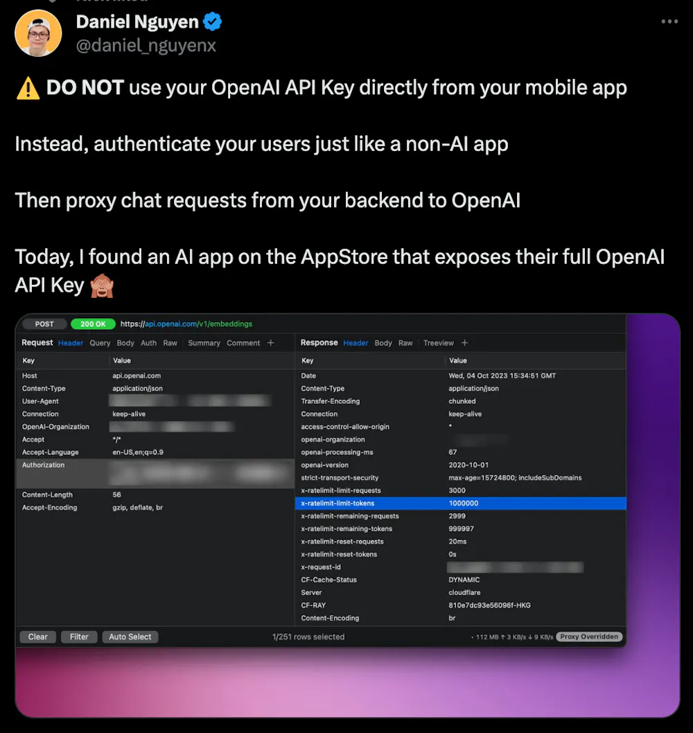 DO NOT use your OpenAI API key directly from your mobile app...