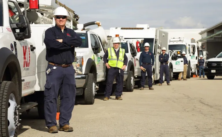 White utility trucks from KU and LGE with staff in hardhats