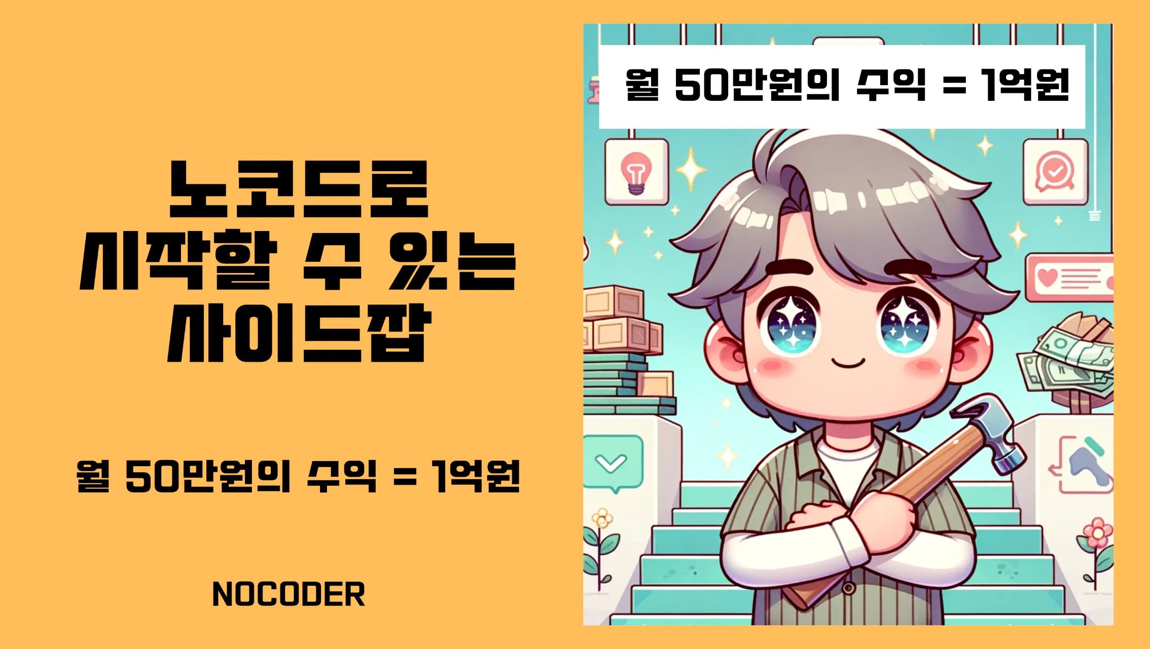 망치를 들고 있는 소년의 사진