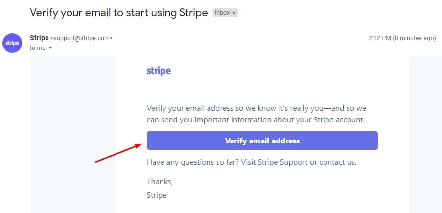 The example of the email from Stripe with the verification email address link