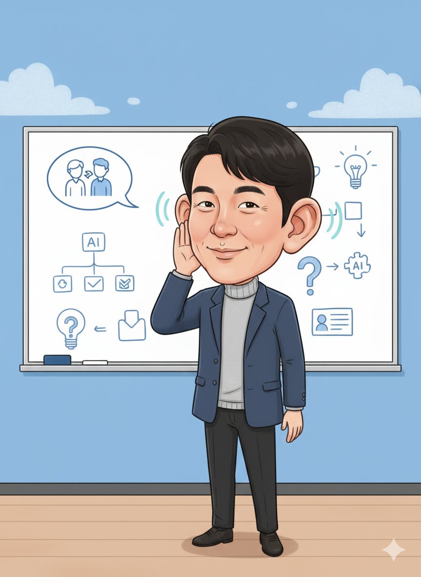화이트 보드 앞에 서있는 아시아 남자의 만화 일러스트