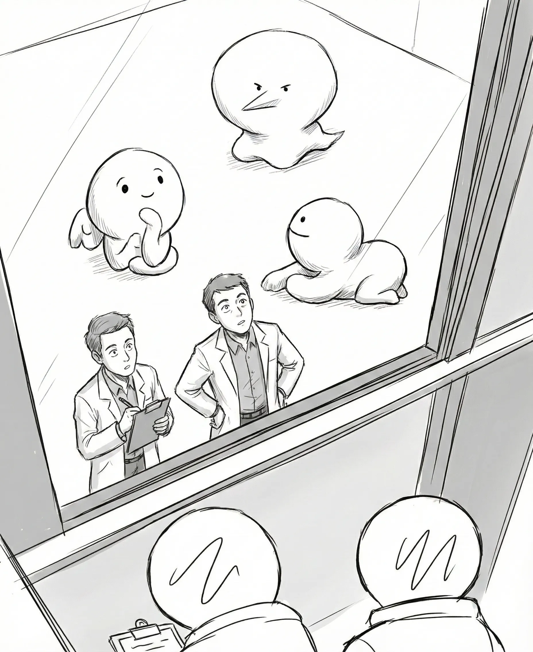 한 무리의 사람들이 창밖을 내다보는 그림