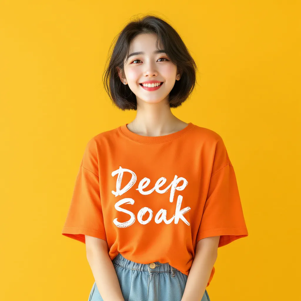딥삭스라고 적힌 주황색 티셔츠를 입은 여자