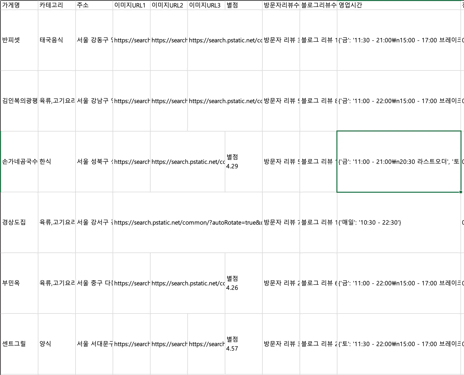 녹색 원이있는 스프레드 시트의 스크린 샷