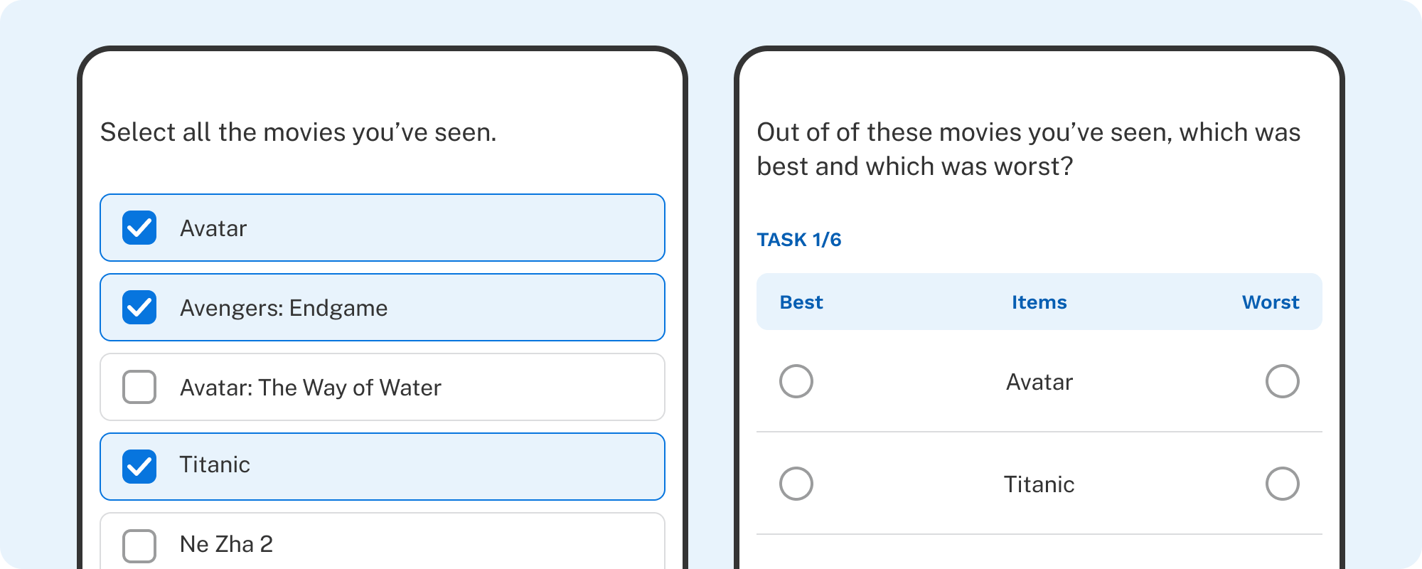 A multi-select and MaxDiff are shown next to each other. Only movies selected in the multi-select are shown in the MaxDiff.