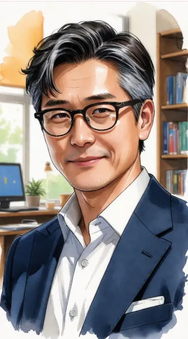 안경을 쓴 아시아 남자의 그림