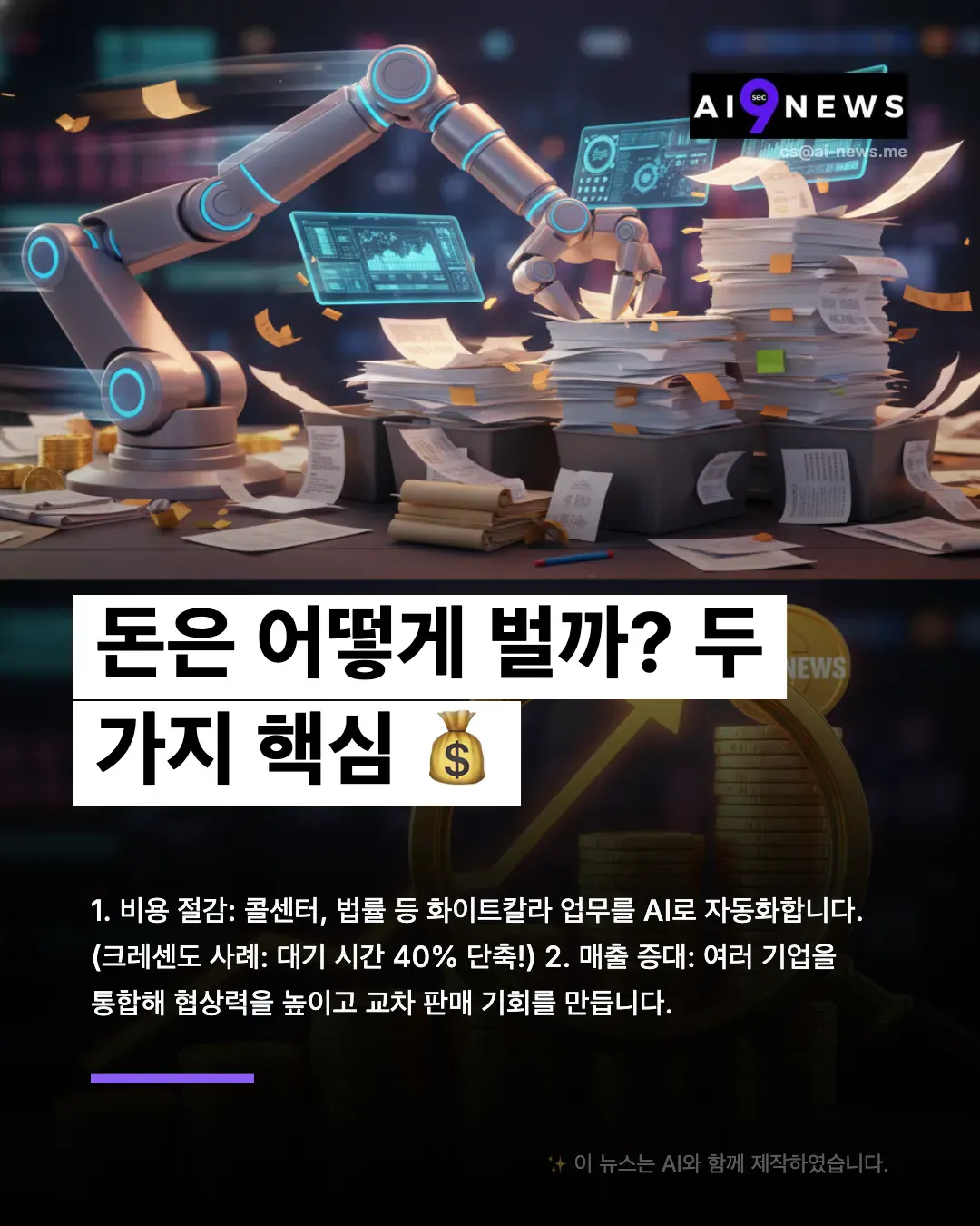 로봇과 돈더미가 나오는 한국 뉴스 기사