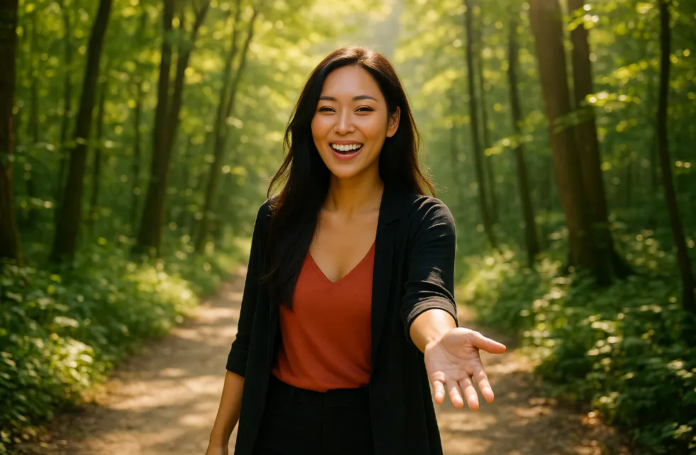 숲속의 길을 걷는 웃는 아시아 여자