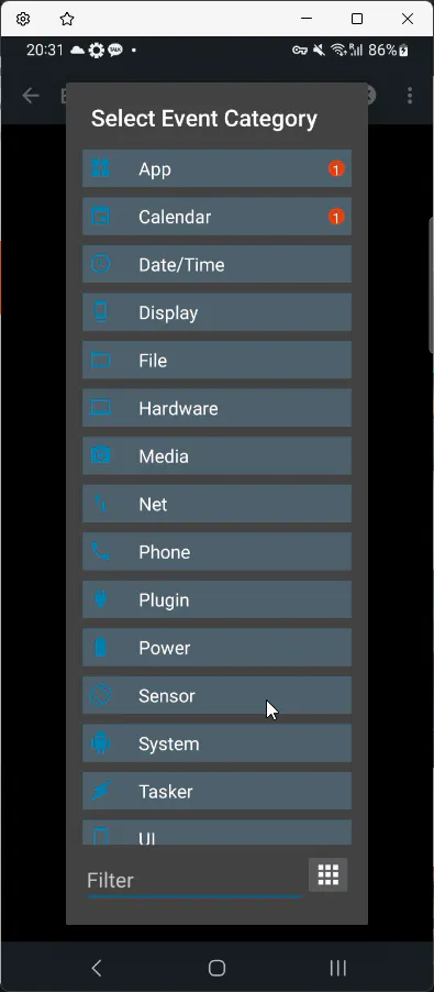이벤트 카테고리 - 스크린 샷을 선택하십시오
