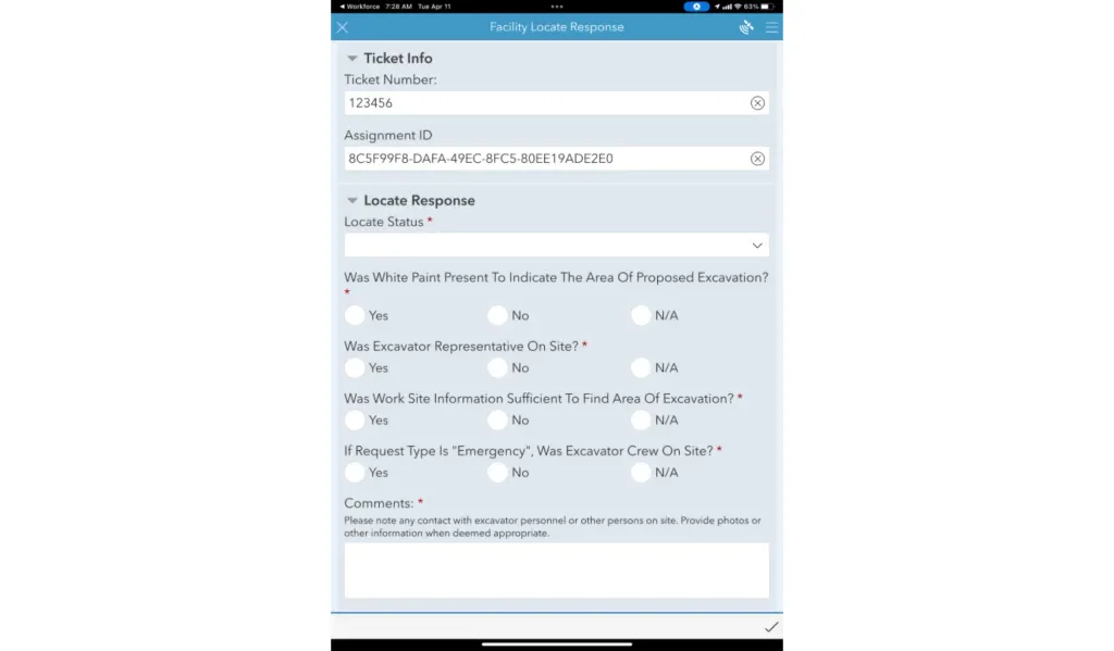 A mobile form with fillable fields collecting details on order numbers, cause, date, and if an 811 ticket was created