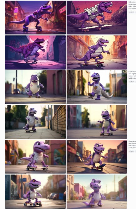 스케이트 보드에 보라색 공룡의 일련