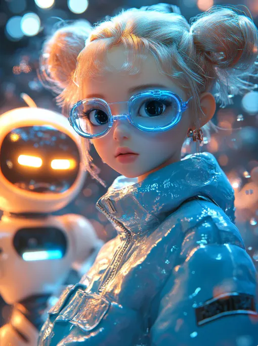 파란 재킷을 입은 소녀와 안경이 로봇 옆에 서 있습니다.