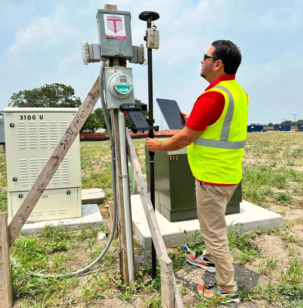 A man stands outside wearing a yellow visibility vest and uses surveying equipment attached to a wooden pole