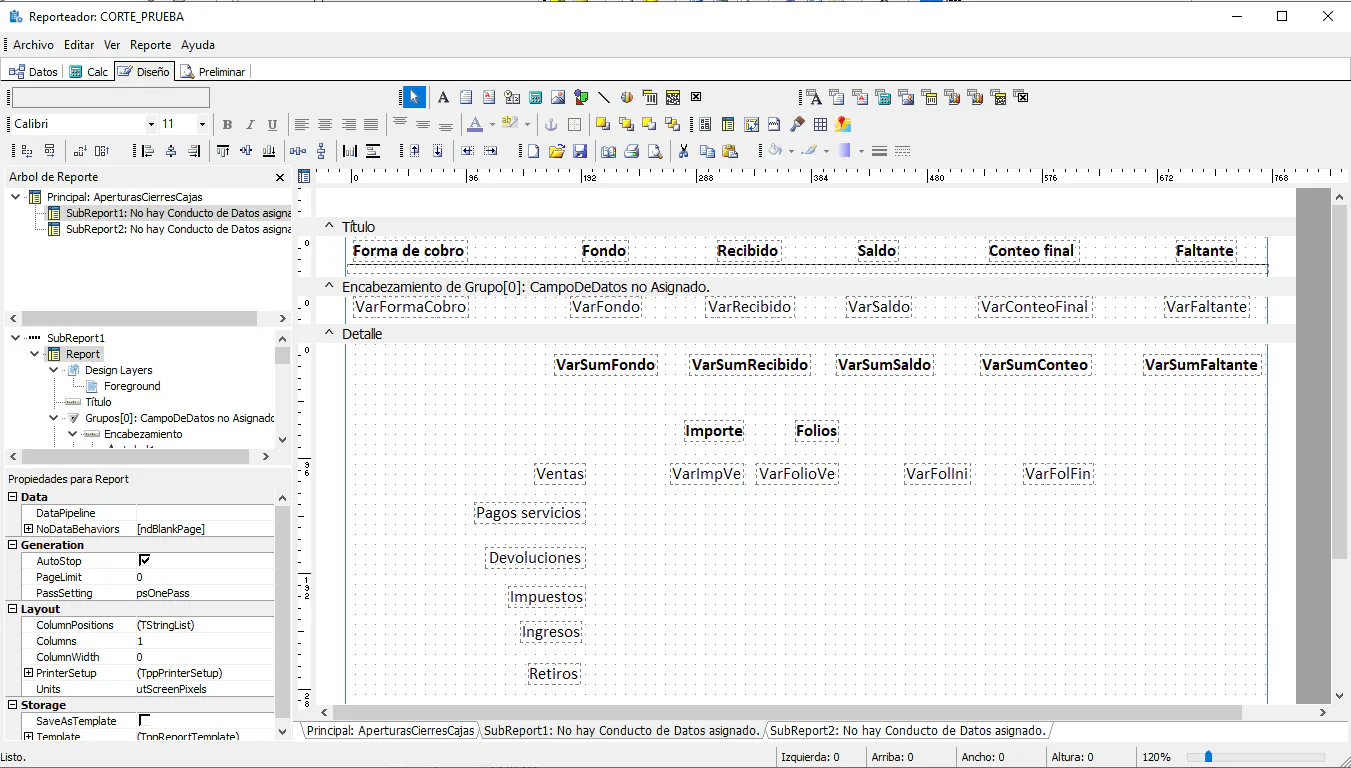 Esta es una captura del subReporte que hace referencia a las formas de cobro y también a las variables de ventas, pagos servicios, etc. (ese todavia no lo tengo terminado pero ya hice una prueba y sí se puede imprimir).