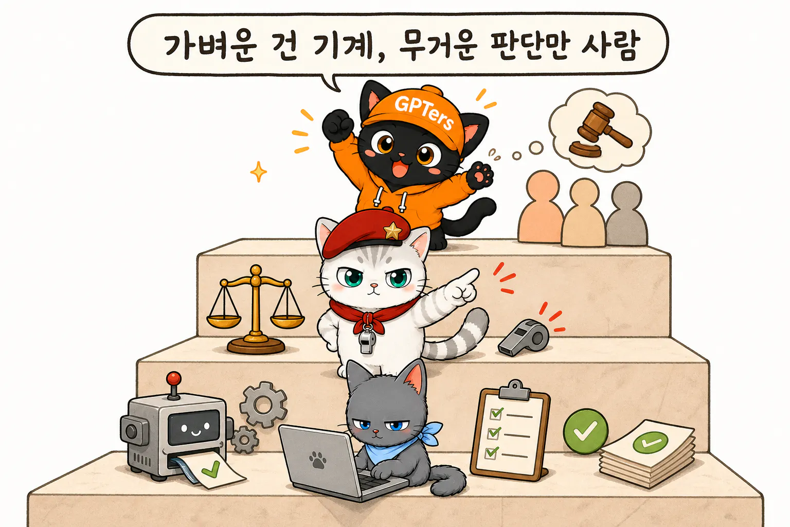 노트북을 들고 사다리 위에 앉아 있는 고양이 만화