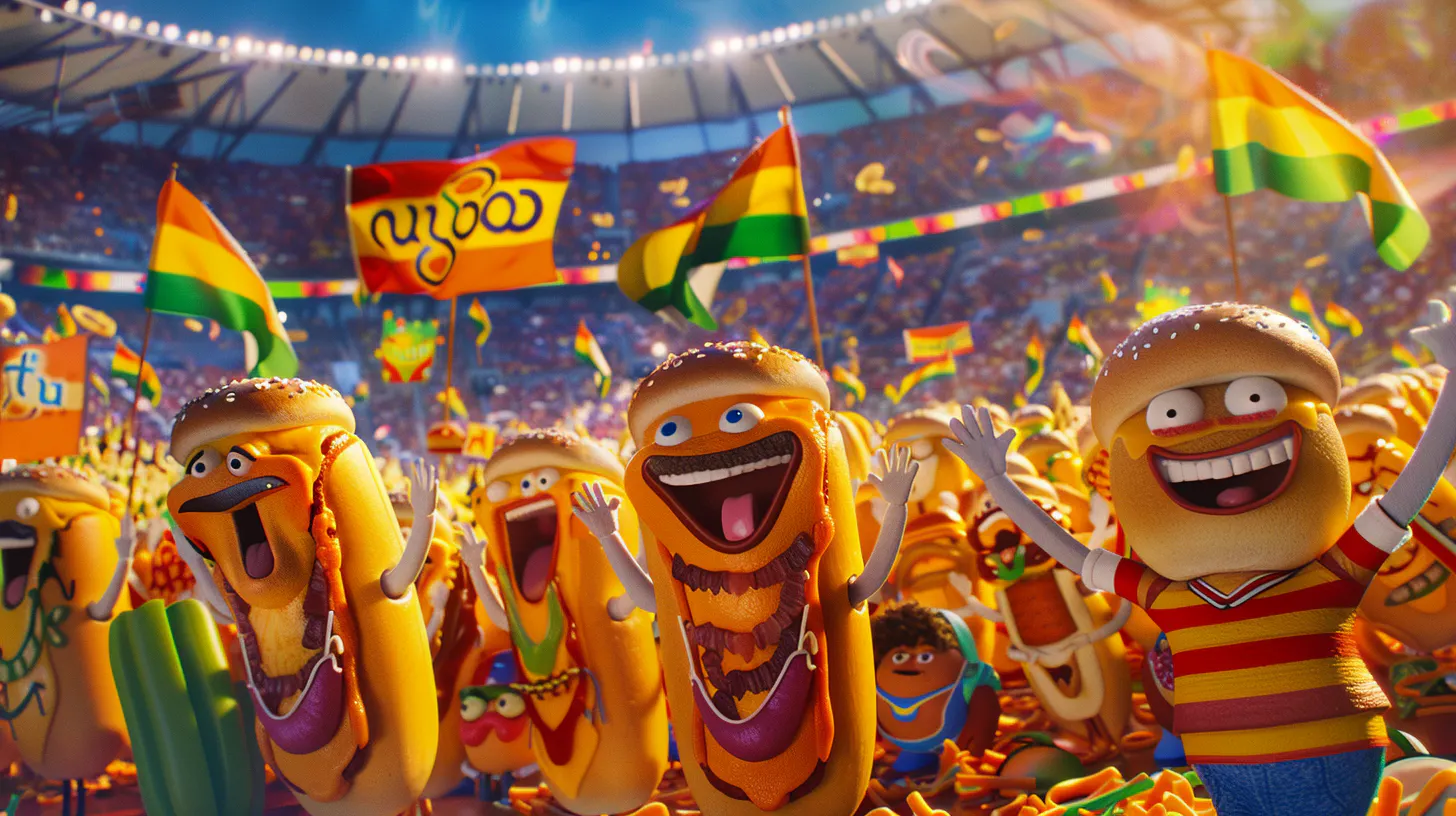 깃발이 달린 경기장에 핫도그 그룹