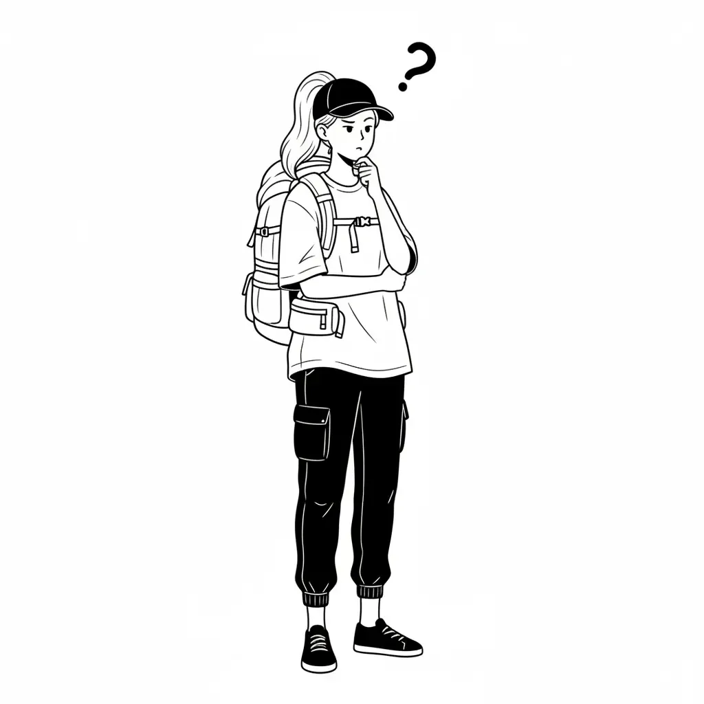 배낭을 메고 있는 소녀의 흑백 그림
