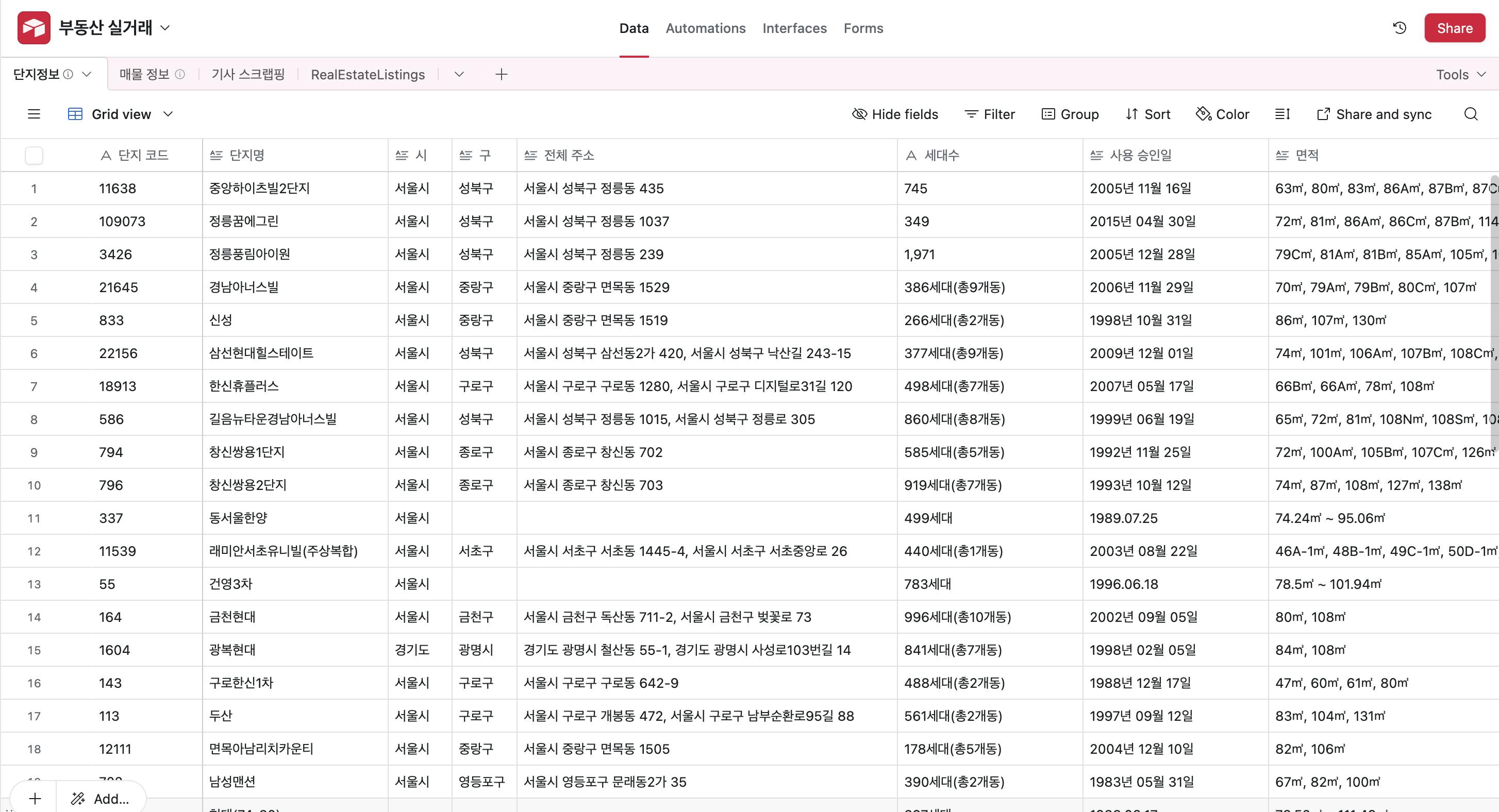 한국 이름 목록의 스크린 샷
