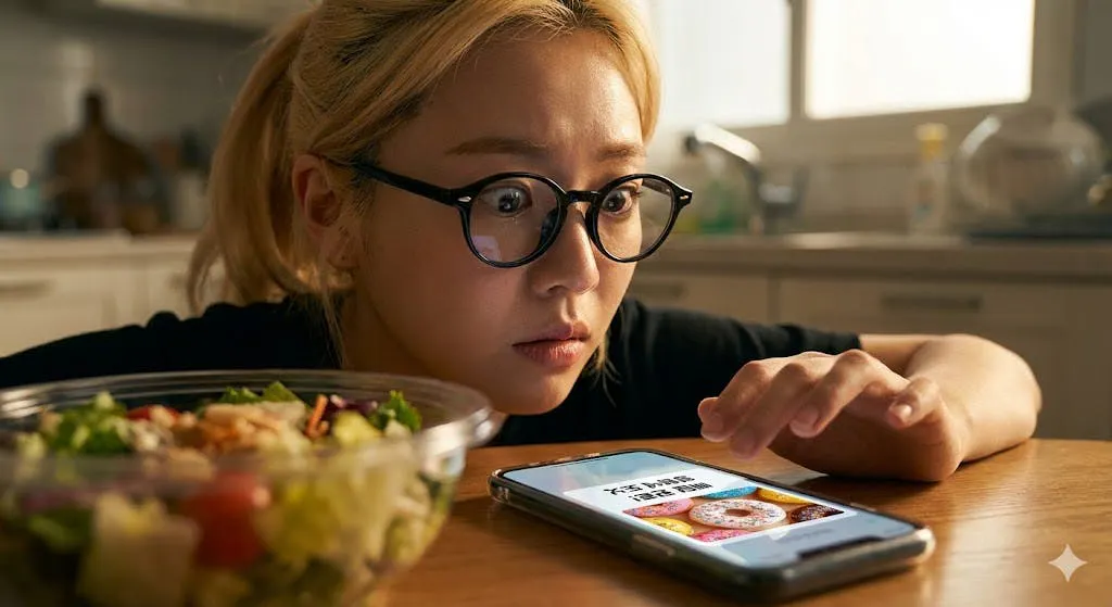 샐러드를 먹으면서 휴대폰을 보는 여자