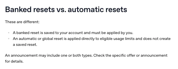 오픈AI 도움말 Banked resets vs. automatic resets 항목. 저장 리셋은 계정에 저장되고 사용자가 직접 적용해야 하며, 자동 또는 전체 리셋은 대상 한도에 바로 적용되고 저장 리셋을 만들지 않는다는 설명