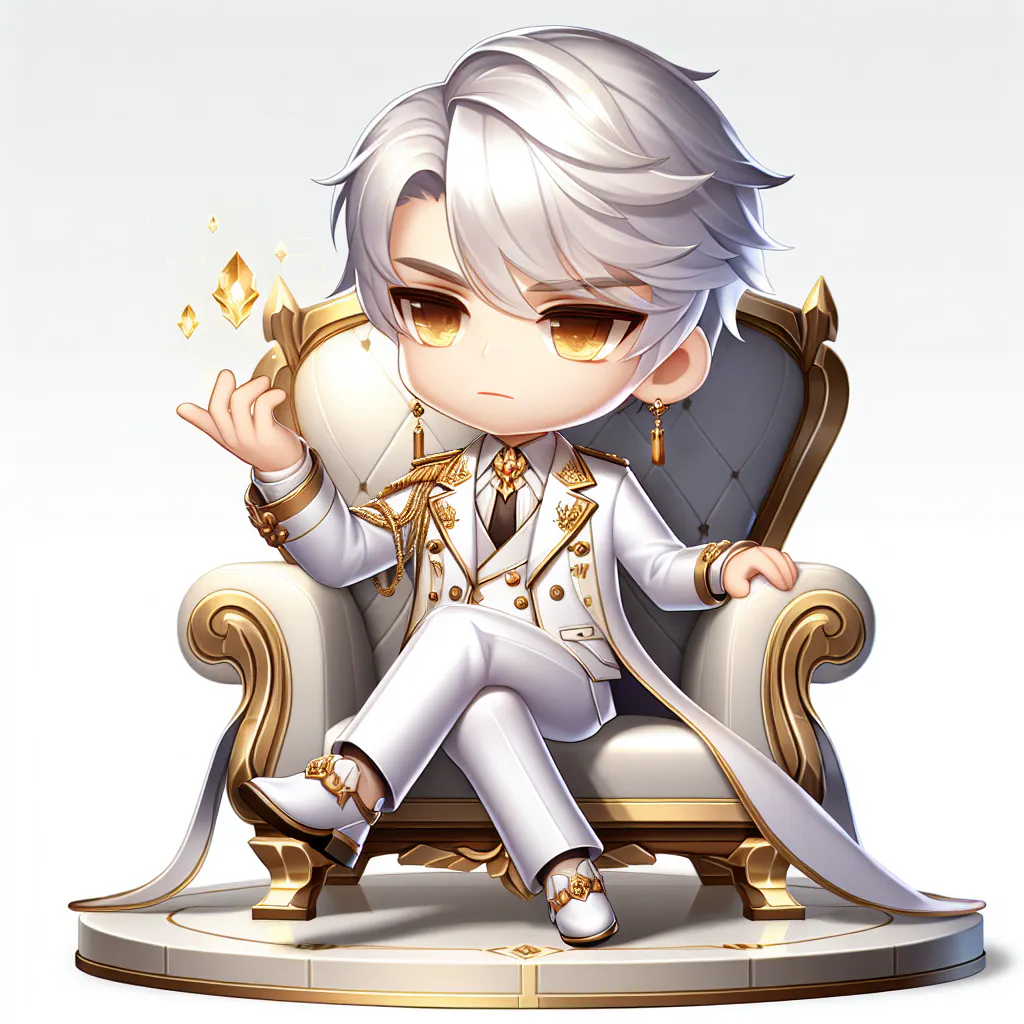 흰색 양복을 입은 만화 캐릭터가 금색 의자에 앉아 있다