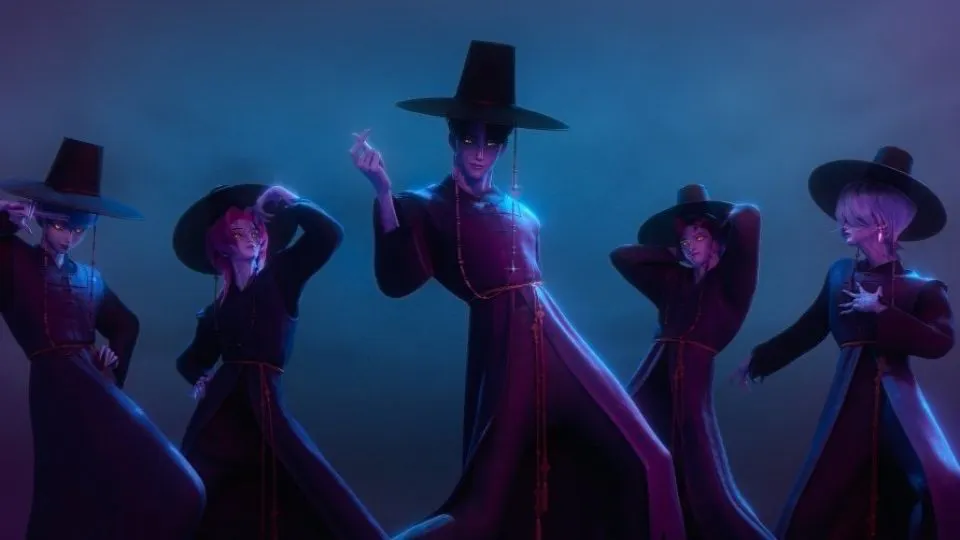 검은 옷과 모자의 애니메이션 캐릭터 그룹