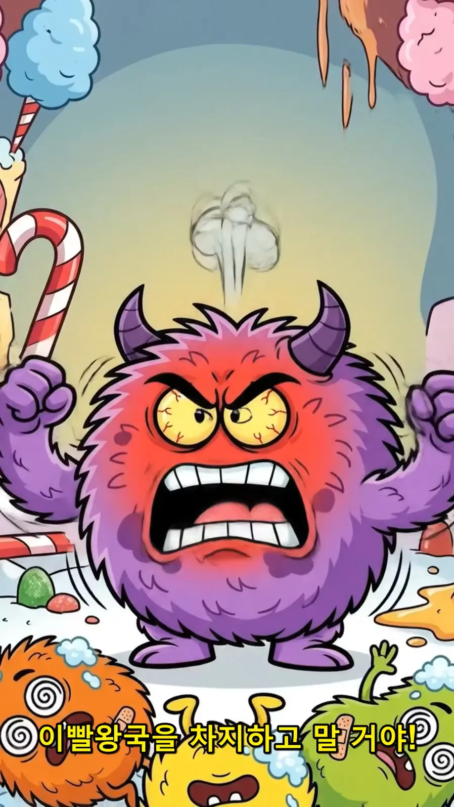 앞에 사탕수수를 들고 있는 만화 괴물