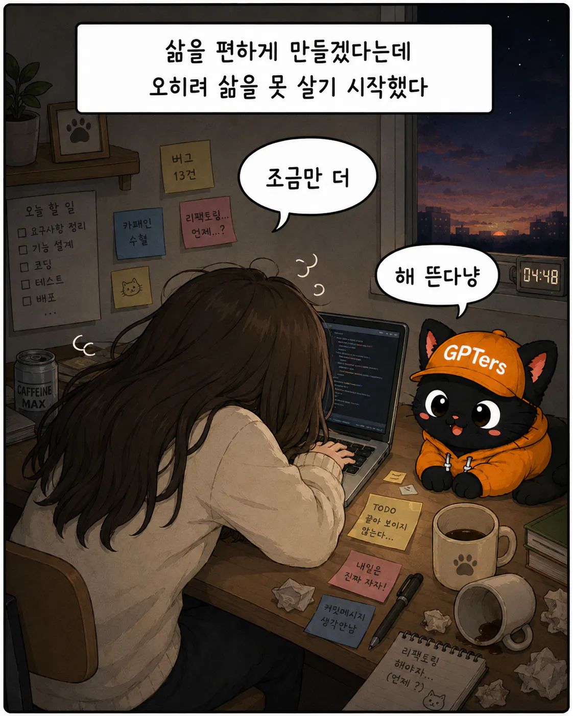 노트북을 들고 책상에 앉아 있는 고양이 만화