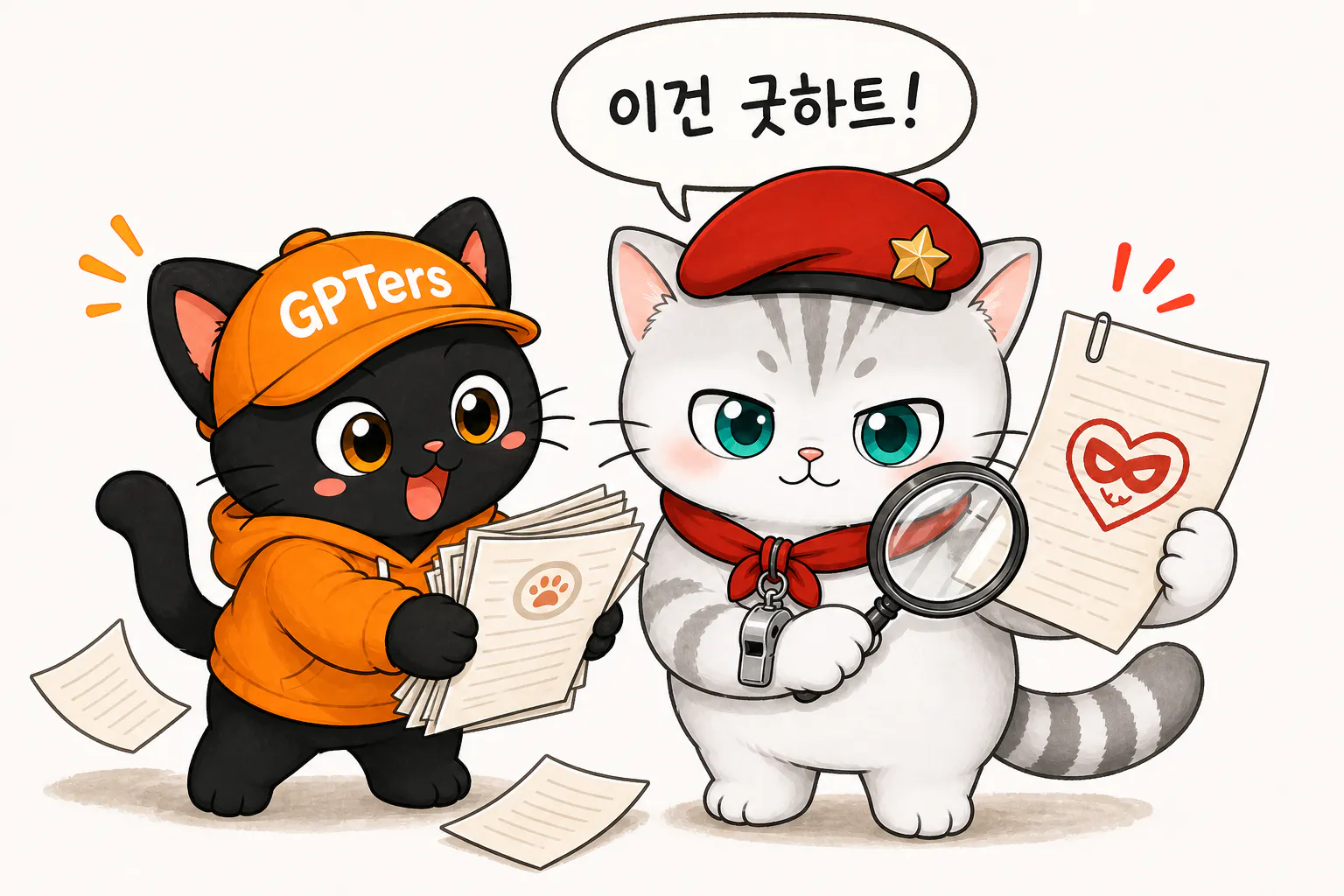 종이를 들고 있는 고양이와 종이를 들고 있는 고양이