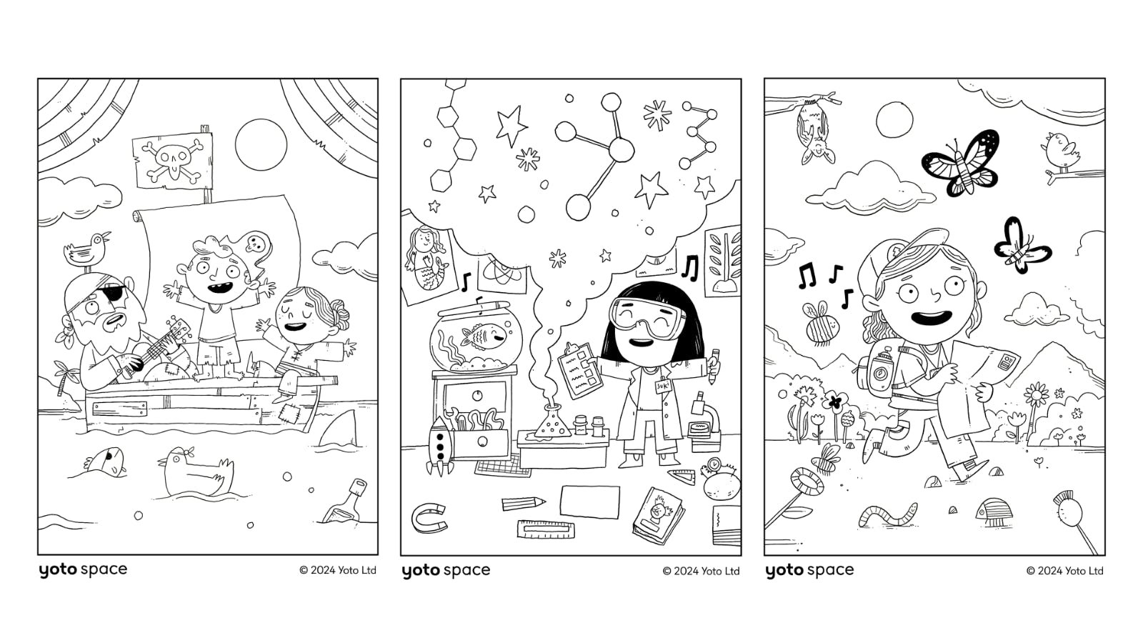 A preview of three black and white colouring sheets: Little Pirates, Scientists and Explorers