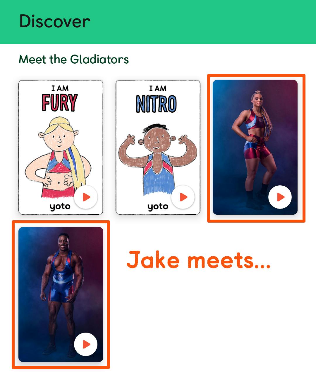 A screenshot of the Discover section of the Yoto App with the cards for 'Jake meets...' highlighted