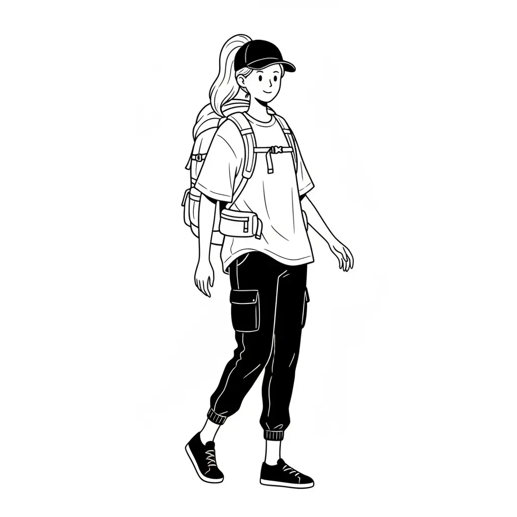 배낭을 메고 있는 소녀의 흑백 그림