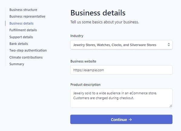 The page in Stripe account that requires the business details