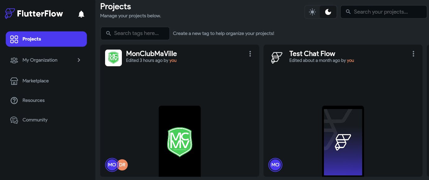 1st page when opening a project