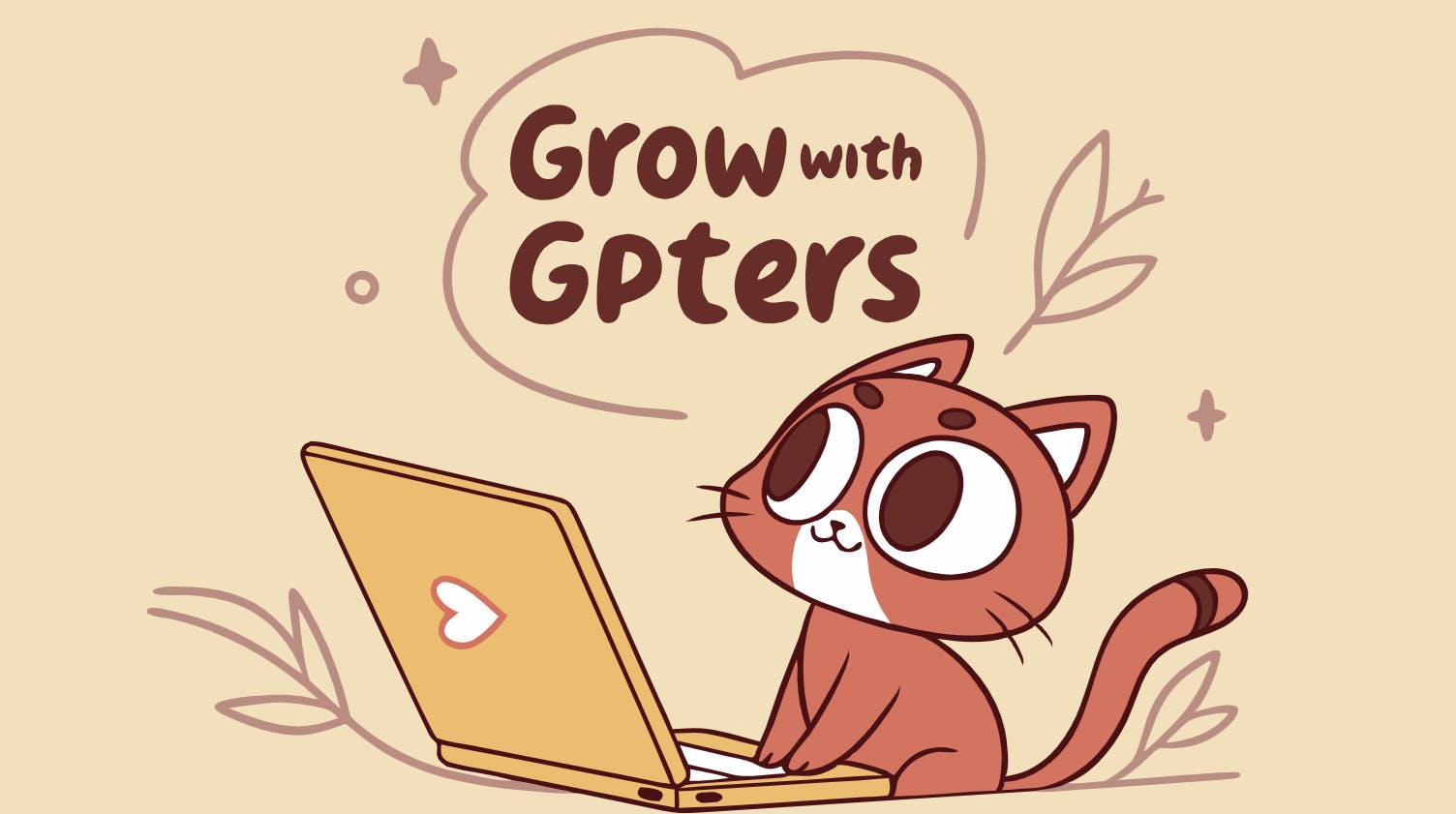 gterers와 함께 성장한다는 단어와 함께 노트북 위에 앉아 있는 만화 고양이