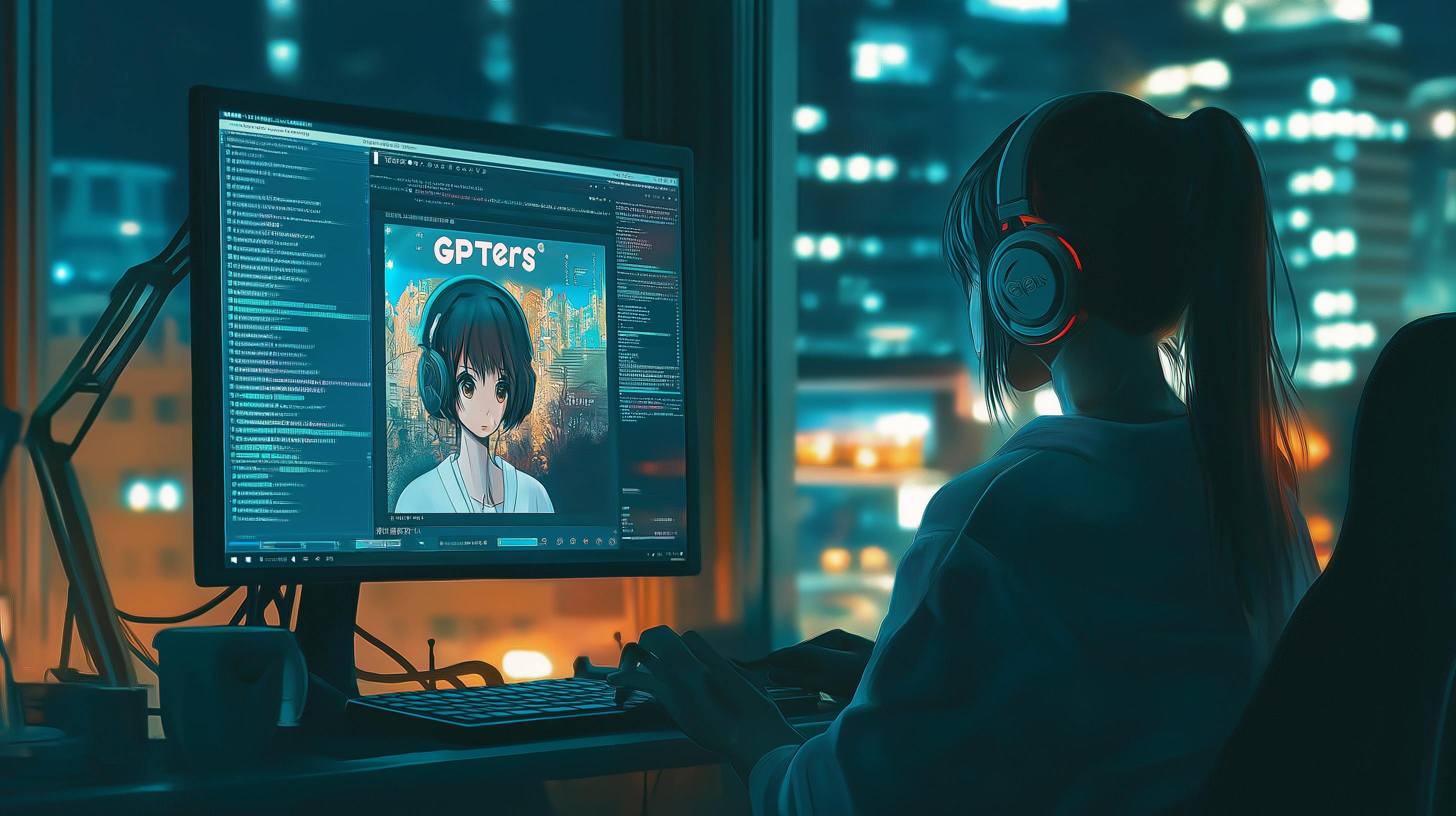 밤에 컴퓨터 화면 앞에 앉아 있는 소녀