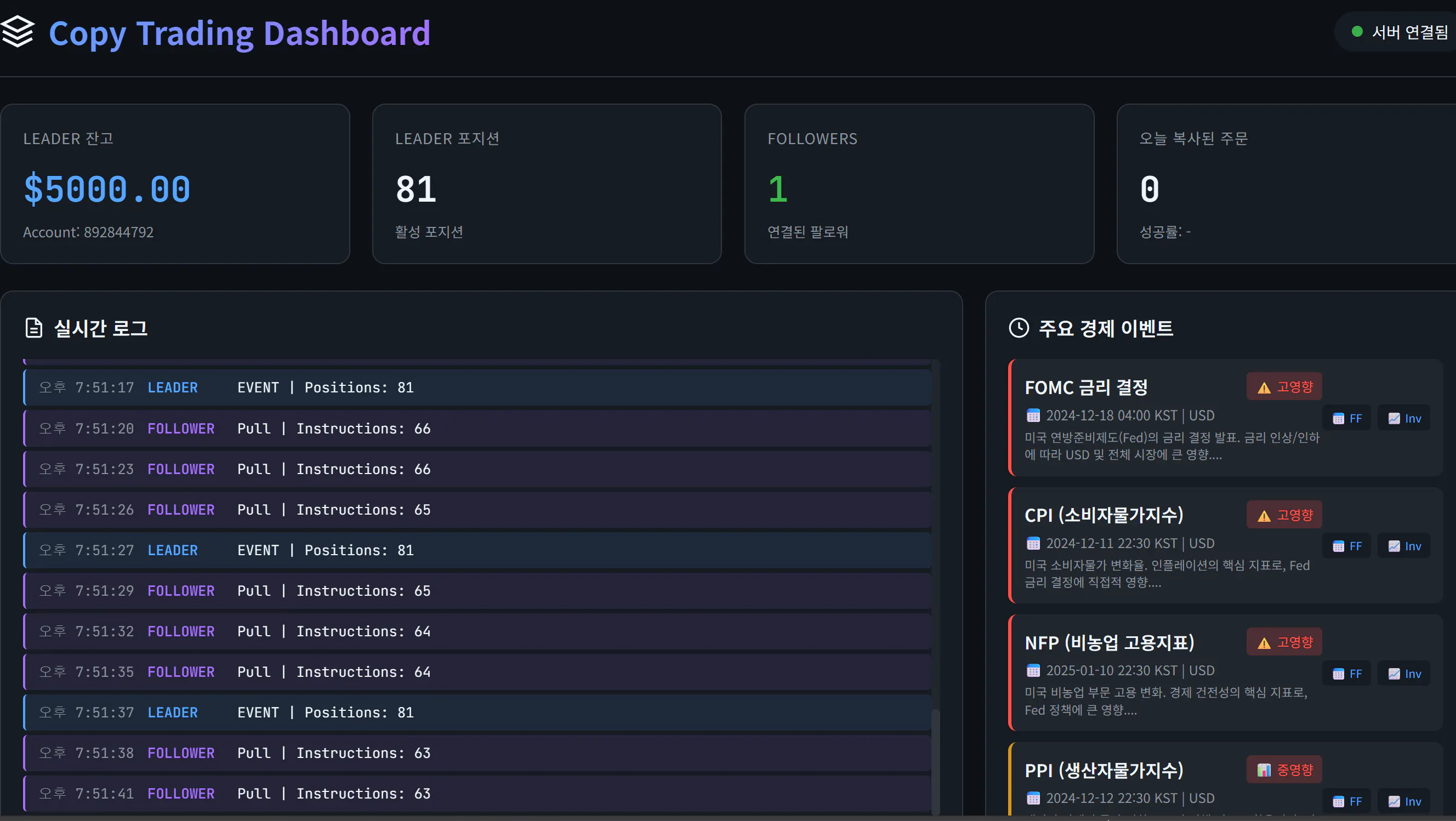 거래 대시보드의 스크린샷