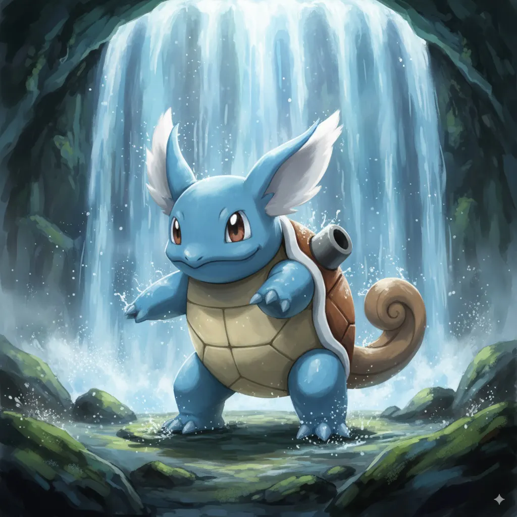 폭포 앞의 포켓몬 거북