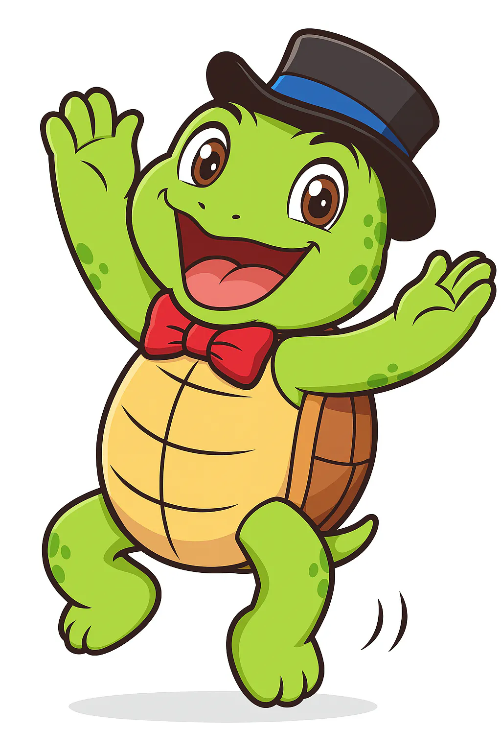 모자와 나비 넥타이를 착용 한 만화 거북이