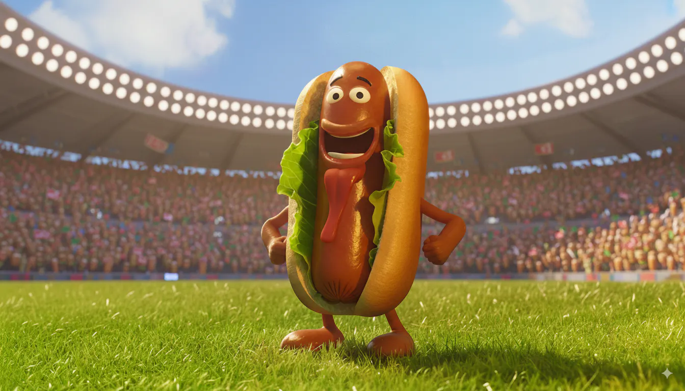 경기장에 서있는 만화 핫도그